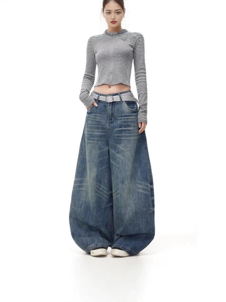 Unisex Retro Denim Wide-Leg Jeans – Trendy, Loose, Distressed Floor-Length Silhouette for Autumn