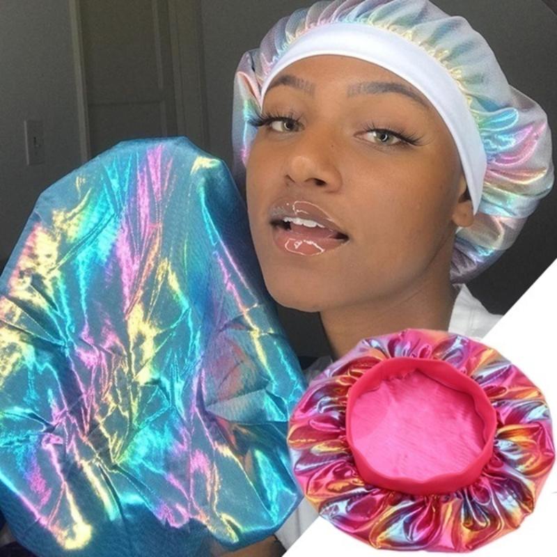 New Women Laser High Elasticity Wide Side Sleeping Cap Perm Hat Chemotherapy  Bath S Silk Bonnet for Sleeping