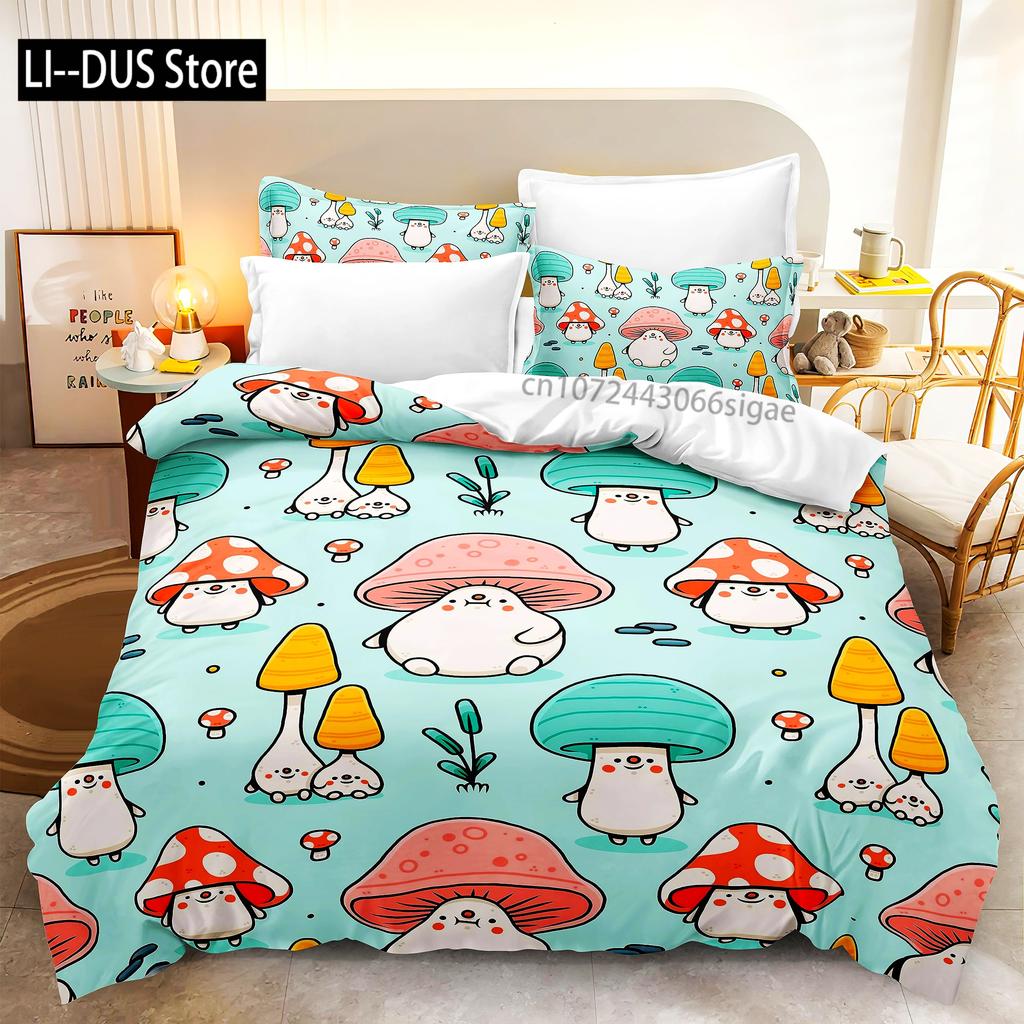 Buntes Pilz-Bettwäsche-Set Einzelgröße Kinder-Bettwäsche-Set Steppdecke Bett-Set Für Jungen Mädchen Erwachsene Mit 1 Bettdecke Und 2 Kissenbezügen