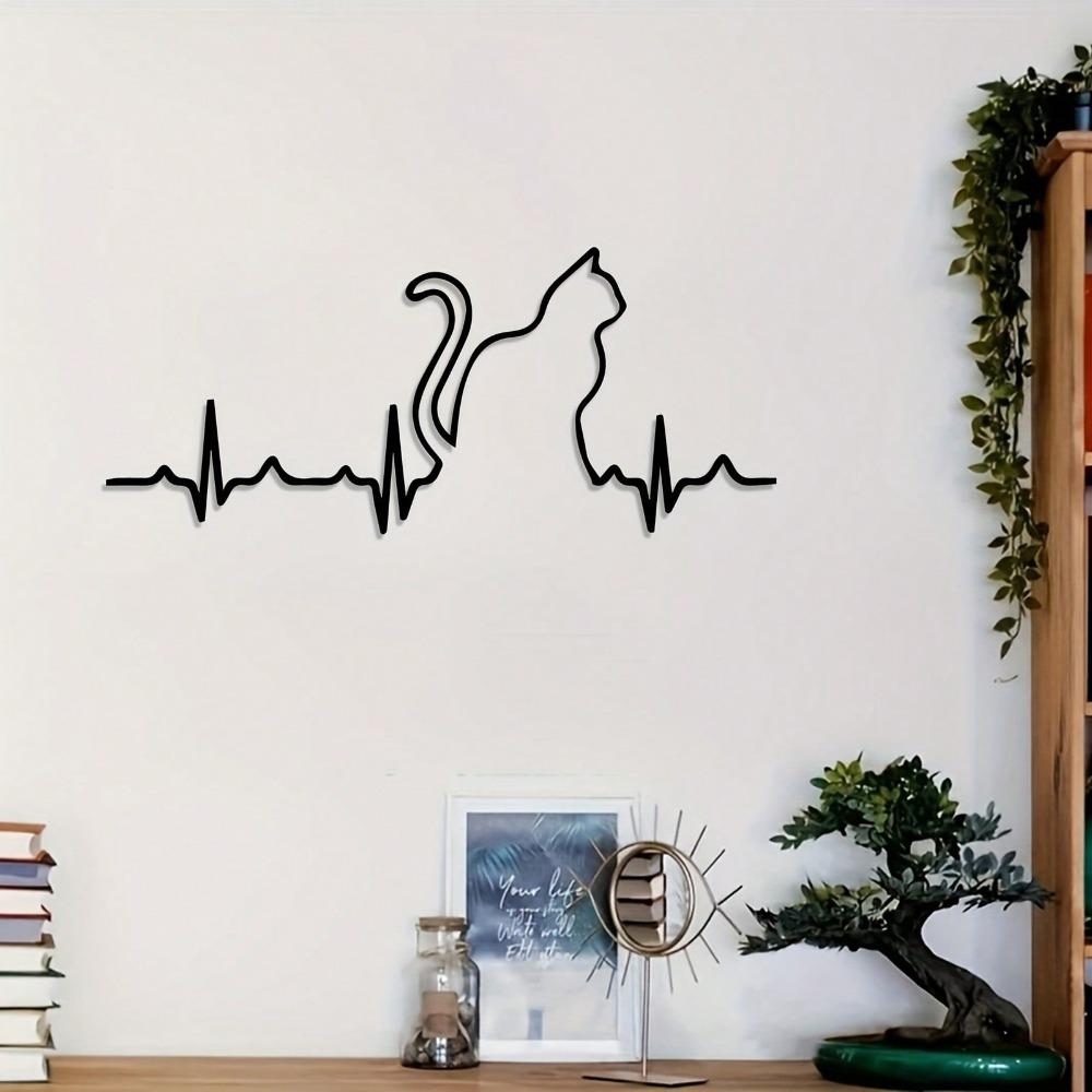 Art Mural Chat Cœur en Métal Vintage Sculpture en Fer Noir avec Motif Miaou Parfait pour la Décoration de Chambre à Coucher Cadeau pour Amoureux des Chats