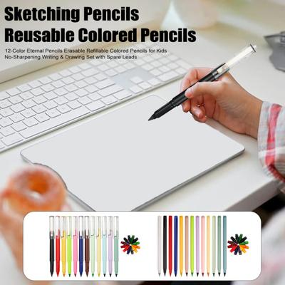 12-Color Eternal Pencils Erasable Refillable Colored Pencils for Kids No-Sharpening Writing