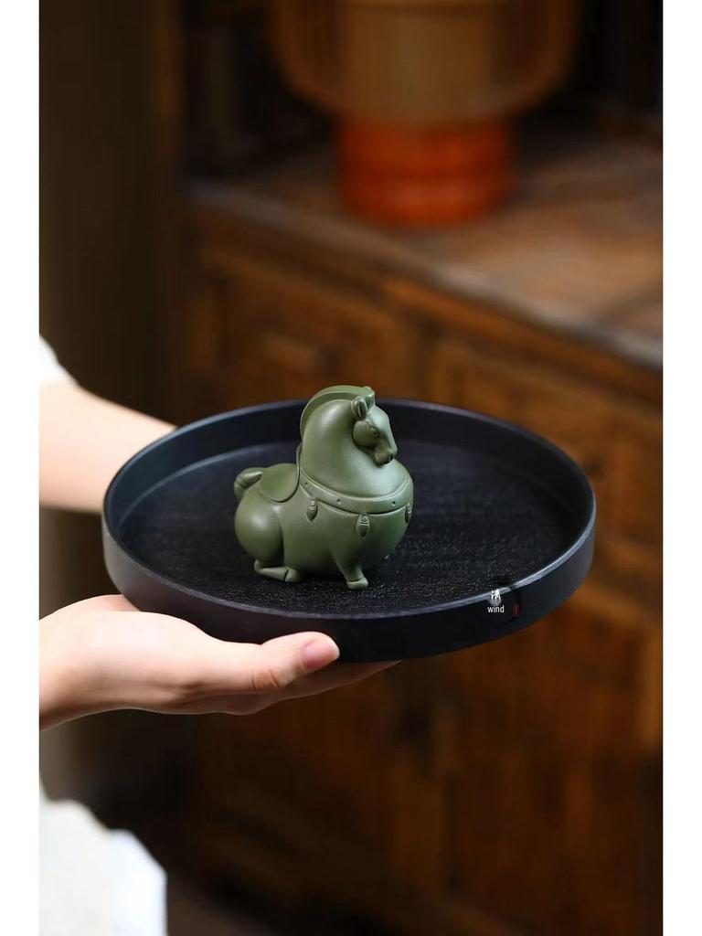Yixing Zisha Green Horse Tea Pet Ornament for Wealth and Success