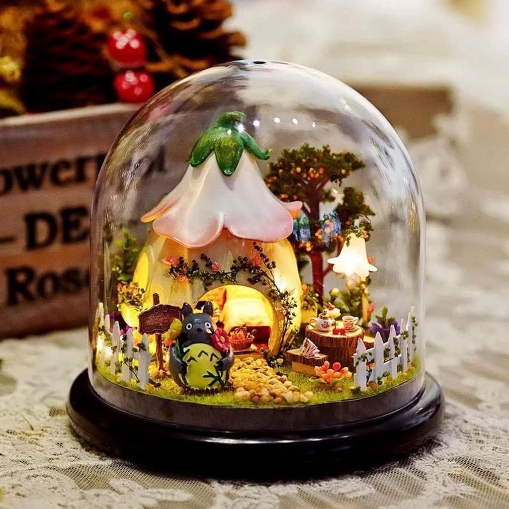 CUTEROOM DIY Miniature Dollhouse Model Kit with Plastic LED Lights Music Box Dome, & Built-in