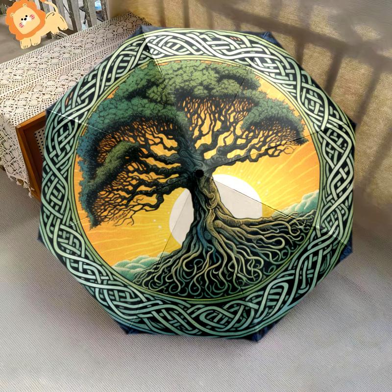 1PC Celtic Tree of Life Umbrella Portable Folding Umbrella Iron Frame Hole Bone Structure Outdoor Home Umbrella A15