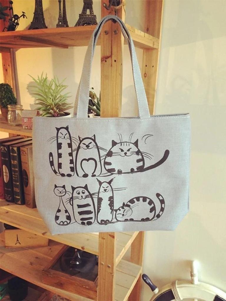 Cartoon Cat Printed Beach Zipper Bag Women Fashion Canvas Tote Bag Shopping Handbag
