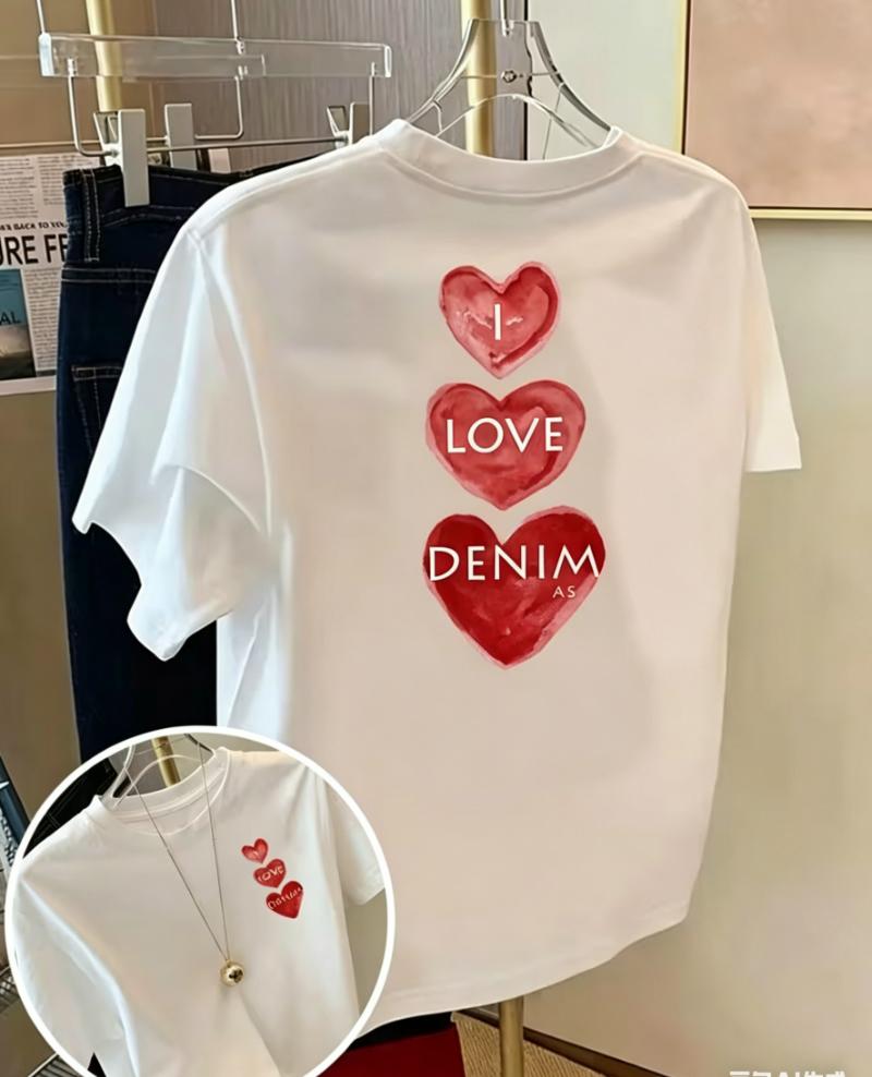 Spring Summer Heart Print T-shirt I Love Denim Graphic Short Sleeve Tops Men Women Casual Loose Streetwear Daily Wear Tee