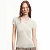 Minimalist Light Gap, Cotton and Linen Blend Sequined Fancy Yarn Front Shoulder Henry Collar Short-sleeved T-shirt Top Women
