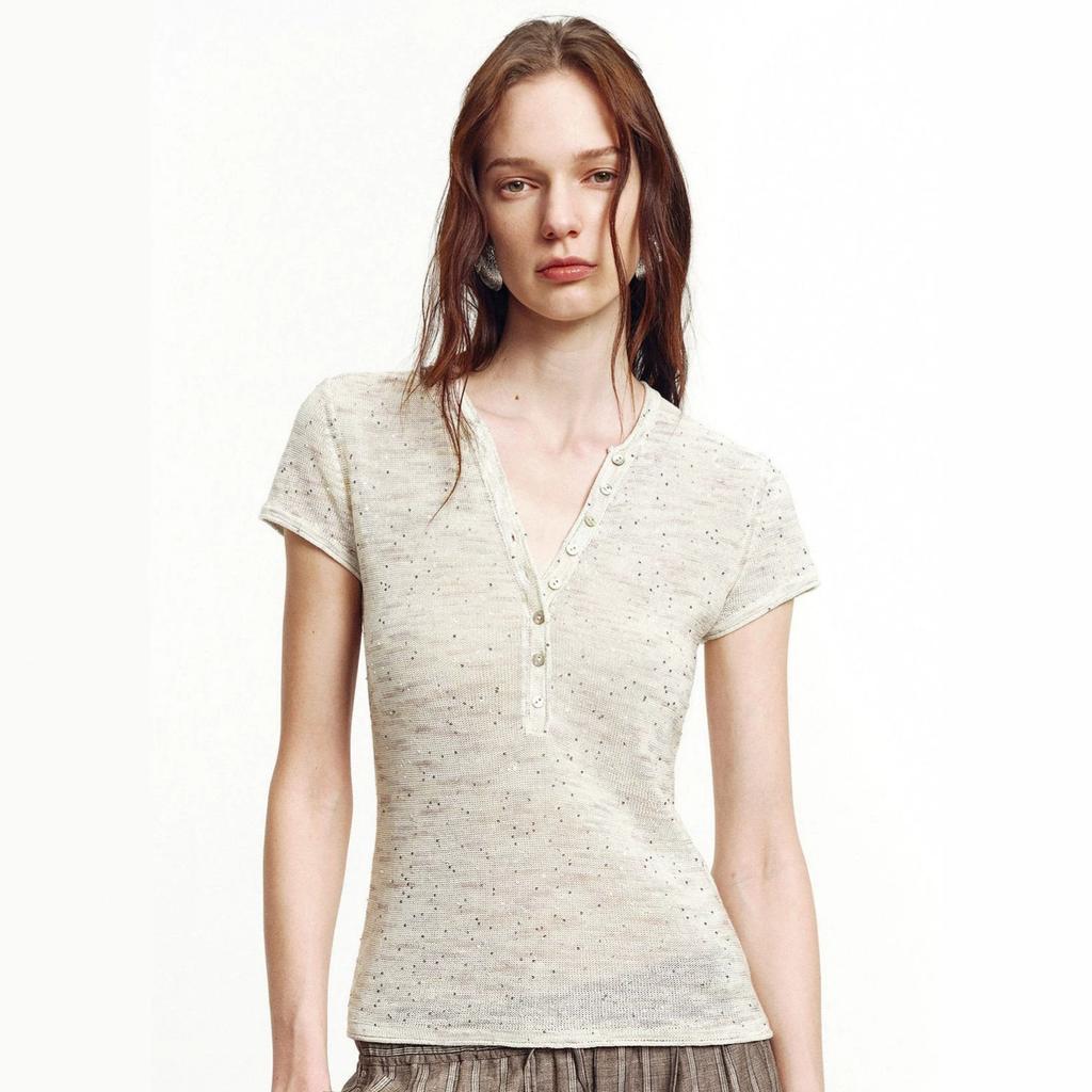 Minimalist Light Gap, Cotton and Linen Blend Sequined Fancy Yarn Front Shoulder Henry Collar Short-sleeved T-shirt Top Women