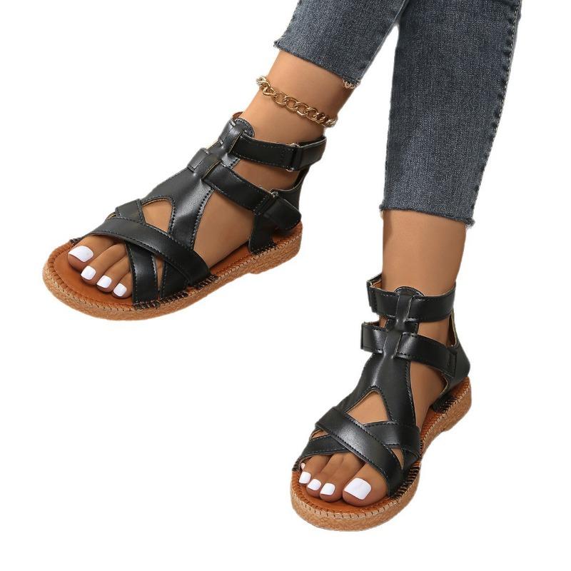 Summer new sandals women's large size sandals Velcro cross strap flat sandals women