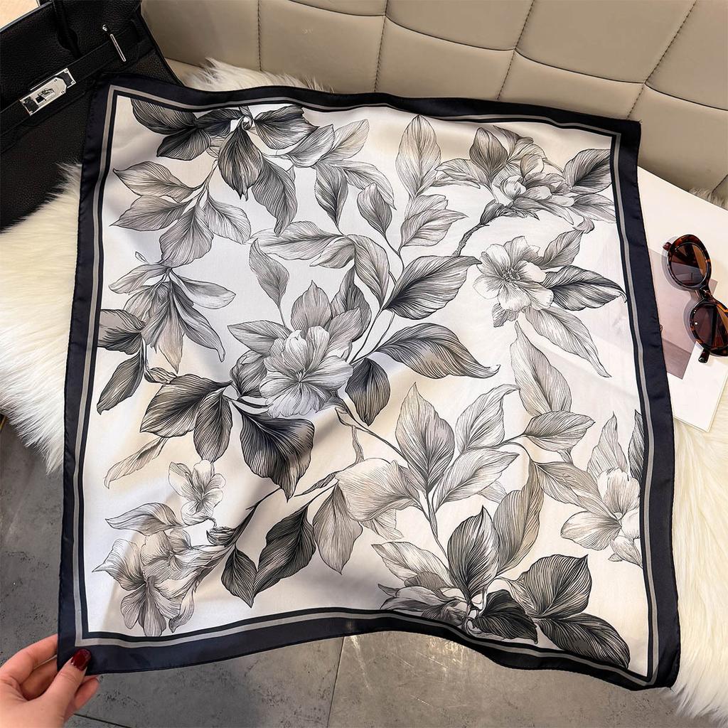 Korean version of fresh green leaf flower imitation silk square scarf spring and summer new commuting atmosphere versatile decorative silk scarf 71x71