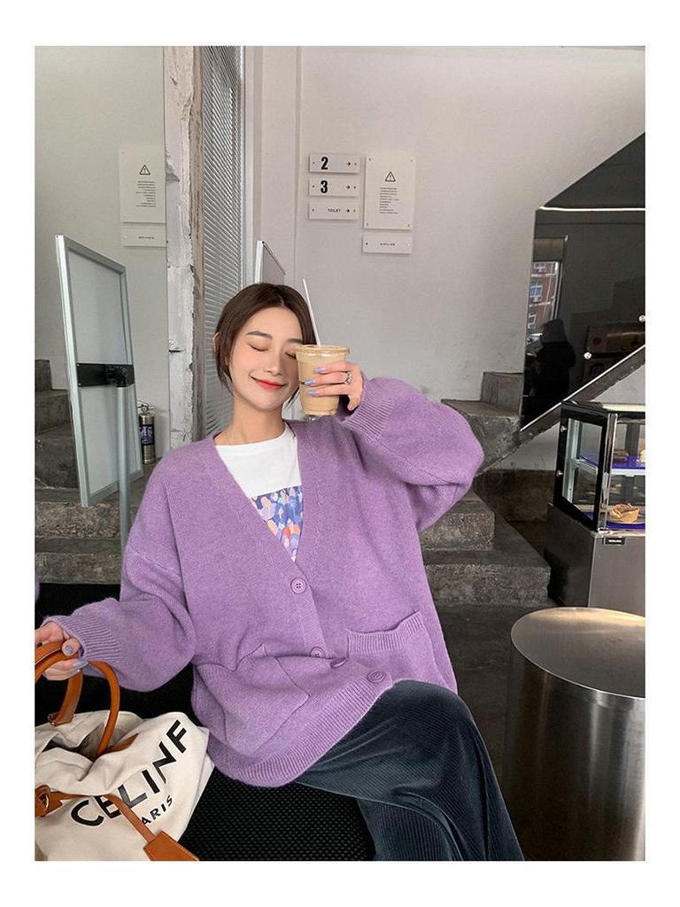 2023 Women's Solid Color Knitted Cardigan: Korean Style Loose, Fashionable, Lazy Fit for Spring & Autumn