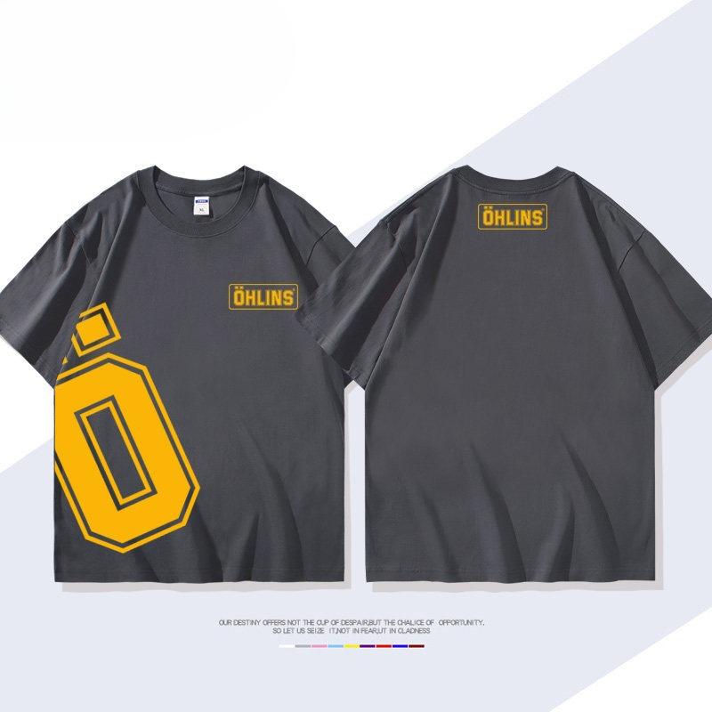 OHLINS Motorcycle Shock Absorber Modified Shortsleeved Tshirt Casual Mens and Womens Pure Cotton Clothing