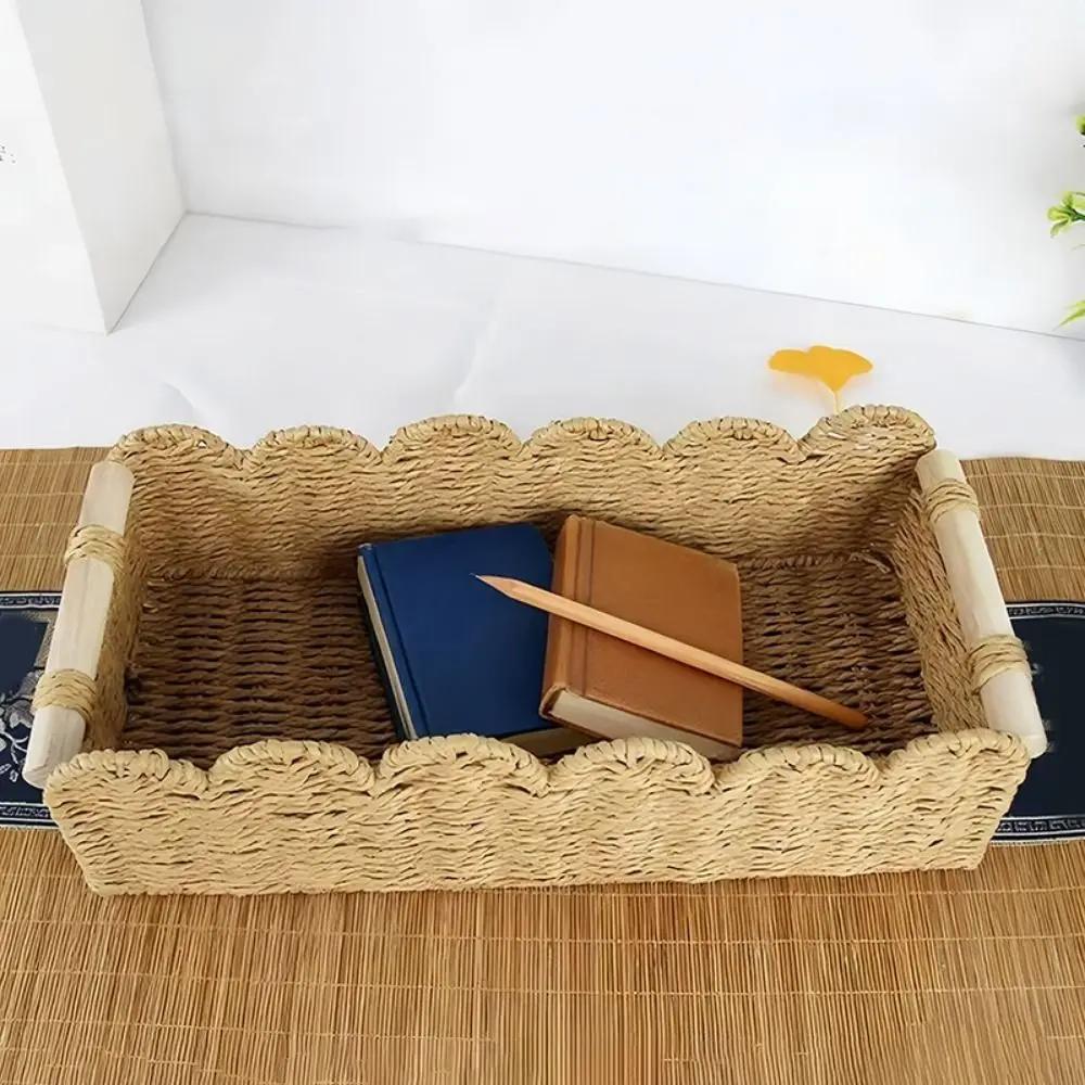 Rectangular Paper Rope Storage Basket Handmade Handwoven Toilet Paper Storage Basket Decorative Scalloped Edge