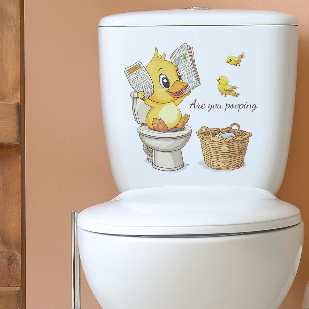 Funny Cartoon Duck Reading Newspaper Toilet Seat Sticker Bathroom Decor Humorous Removable Waterproof Decal