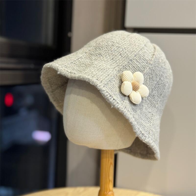 Flower Knitted Versatile Bucket Hat Women Autumn and Winter Show Washbasin Hat Big Head Circumference Warm Bucket Hat Tide