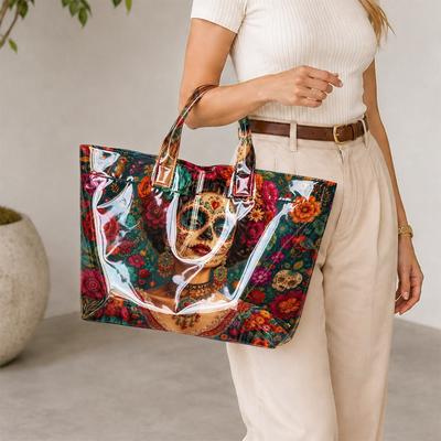 Day of the Dead Skull Floral Print Women Tote Bag, Mexican Style Glossy PVC Large Capacity Handbag for Festival Travel Daily Use