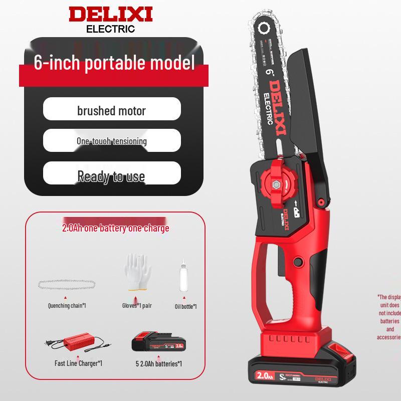 

Delixi Cordless Handheld Electric Chainsaw - Small, One-Handed, Lithium Battery Powered for Tree Felling and Firewood.