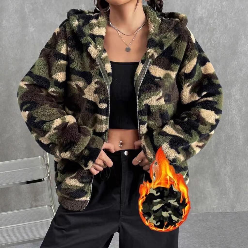 European & American Double-sided Camouflage Plush Zipper Hooded Women's Autumn/Winter Cardigan Coat