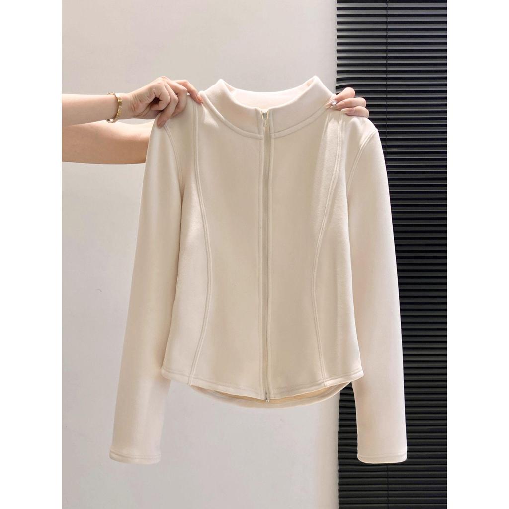 Plus Size Velvet Double Zipper Stand Collar Long Sleeve Women's Slimming Autumn Winter Top