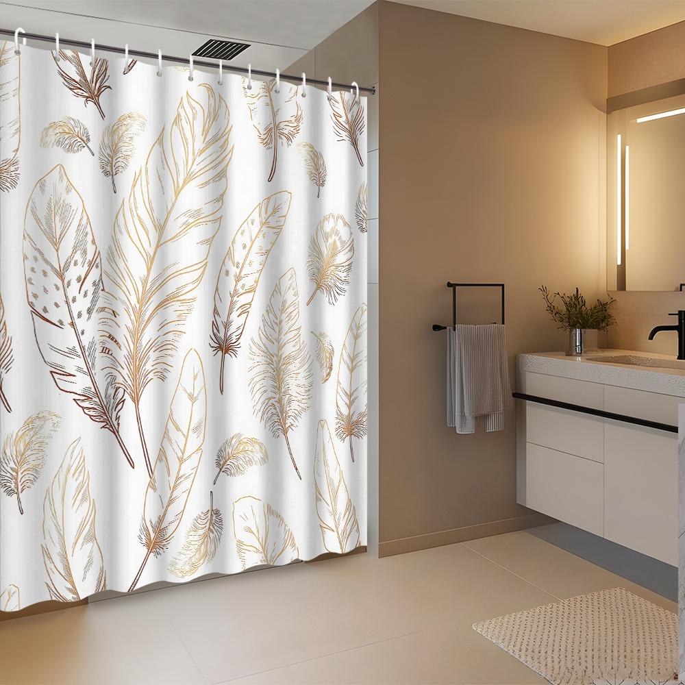 1Pc 2D Flat Printed Shower Curtain With Golden Line Feather Pattern Design,, Includes 12 Hooks, Bathroom Accessory, 2D Flat