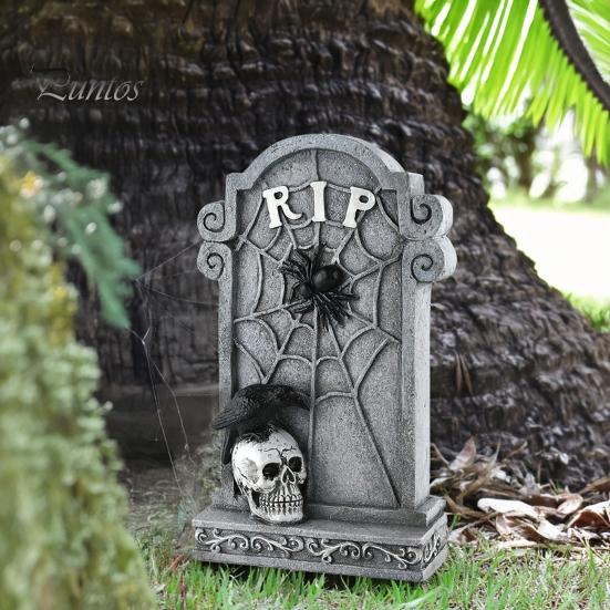 Spooky Holiday Exterior Decor Halloween Skull Tombstone, Stone Look Retro Gothic Resin Creepy Cemetery Scene Ornament Crow Gravestone for Outdoor