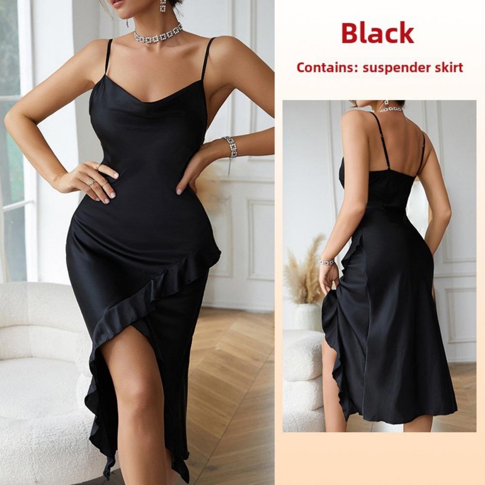 Suspender Nightgown Sexy Charming Ruffle Bottom Swing Split Pajamas Loungewear