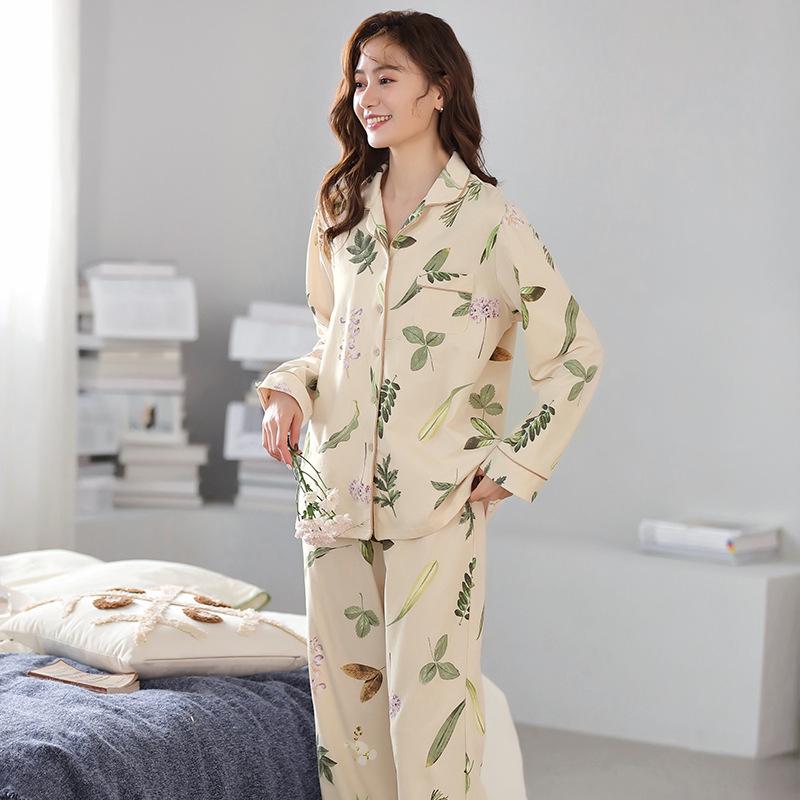 Dam Pyjamas Set i Bomull - Långärmad, Långa Byxor, Ledig Tunn Kofta, Vår- & Höstkläder