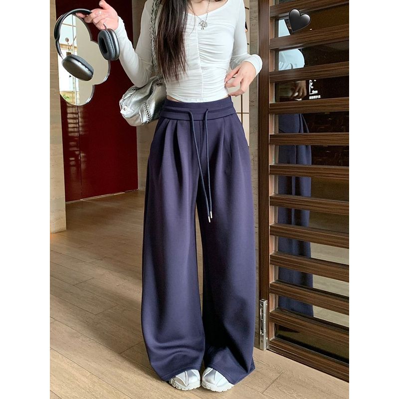 Pants Loose and Lazy Style High Waist Casual Pants Women Autumn Slimming Drooping Wide-Leg Pants Easiest for Match Black Mop Trousers