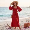 Women's Square Neck Long Sleeve Maxi Dress, Color Cinched Waist Casual Dress