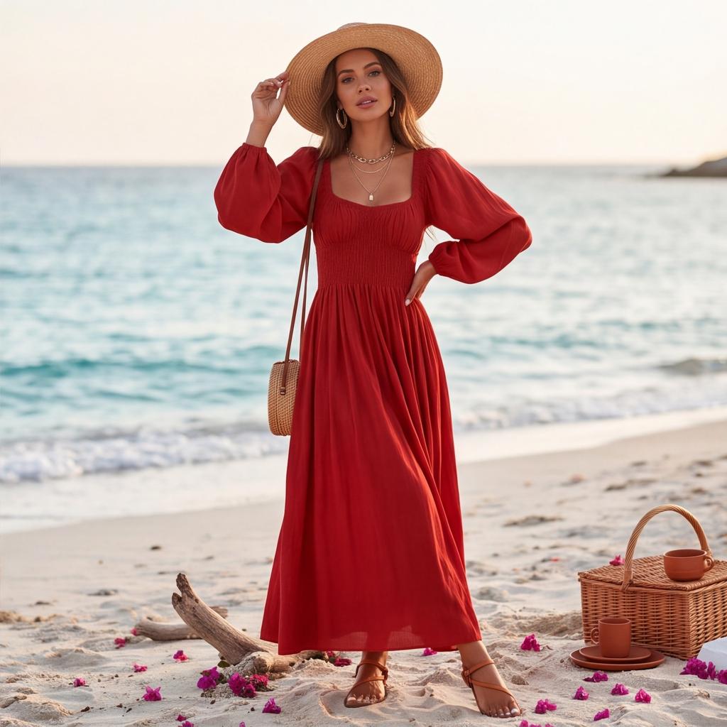 Women's Square Neck Long Sleeve Maxi Dress, Color Cinched Waist Casual Dress
