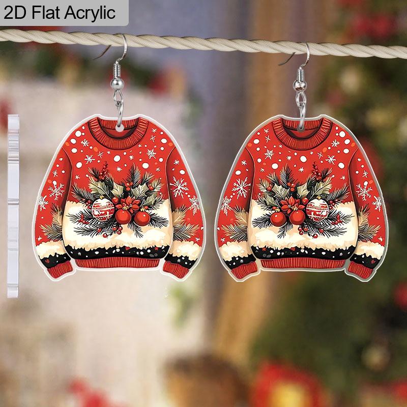 1 Pair Red Christmas Pattern Sweater Acrylic Earrings for Women Trendy Fashion Earrings Winter Holiday Earrings Jewelry Christmas Gift
