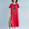 Summer Ethnic Embroidered Cotton Linen Dress Women's Vintage Loose Casual Short Sleeve Midi Dresses