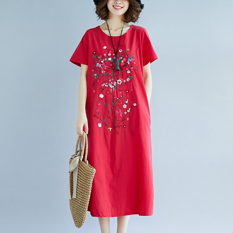 Summer Ethnic Embroidered Cotton Linen Dress Women's Vintage Loose Casual Short Sleeve Midi Dresses