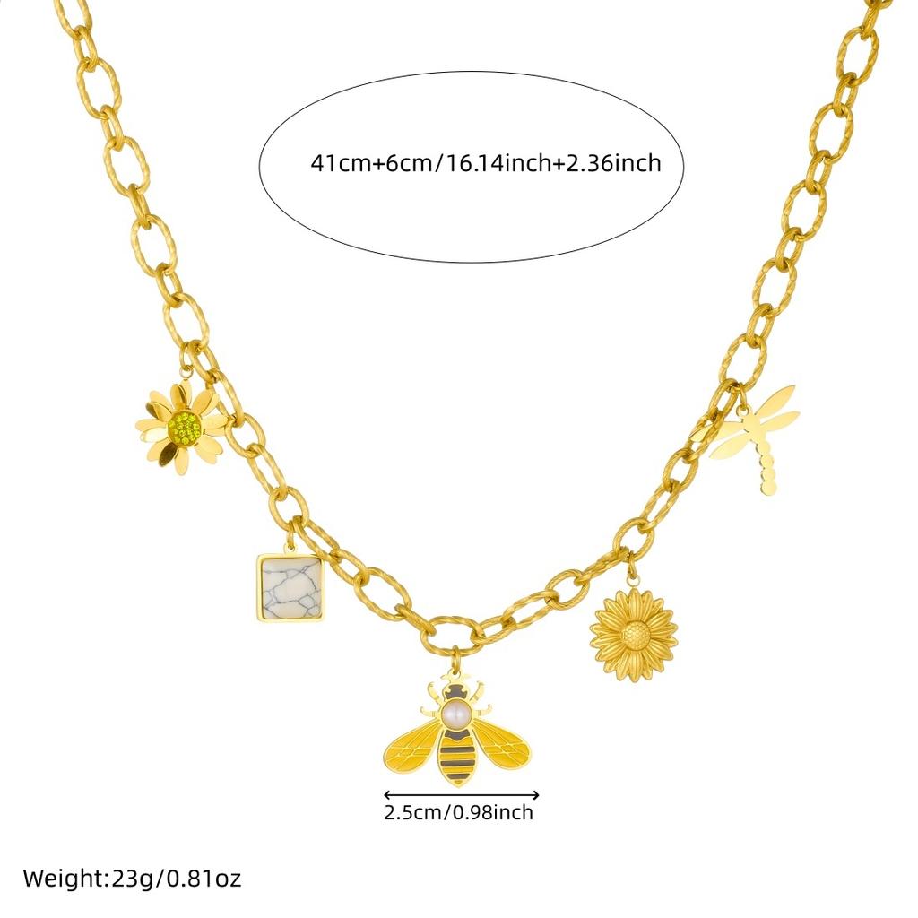 316L Stainless Steel Pearl Inlay Yellow Bee Lotus Sunflower Dragonfly Pendant Necklace Women New Trend Neck Chain Gifts