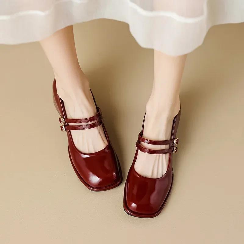 Fashion Large Size 34-43 Mary Jane Shoes Women Block Heel Patent Leather Black Shoes