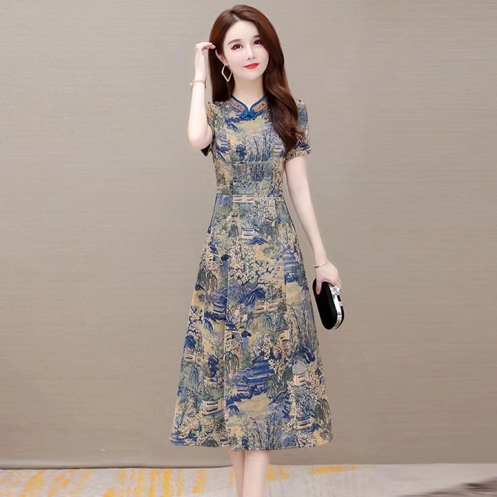 

Summer large size antique floral cheongsam skirt femininity slim and thin medium and long dress M синий