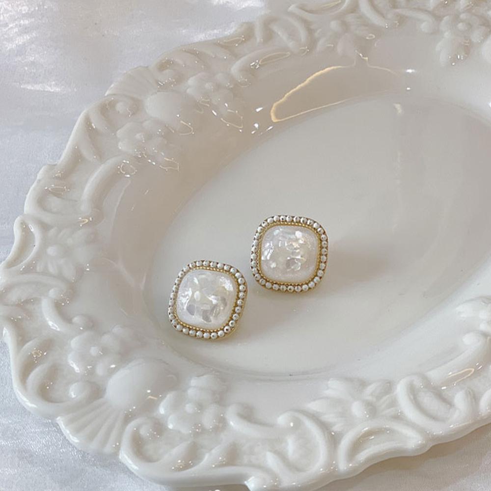 Party Temperament New S925 Needle Bling Jewelry Stud Earrings Geometric Square Shell
