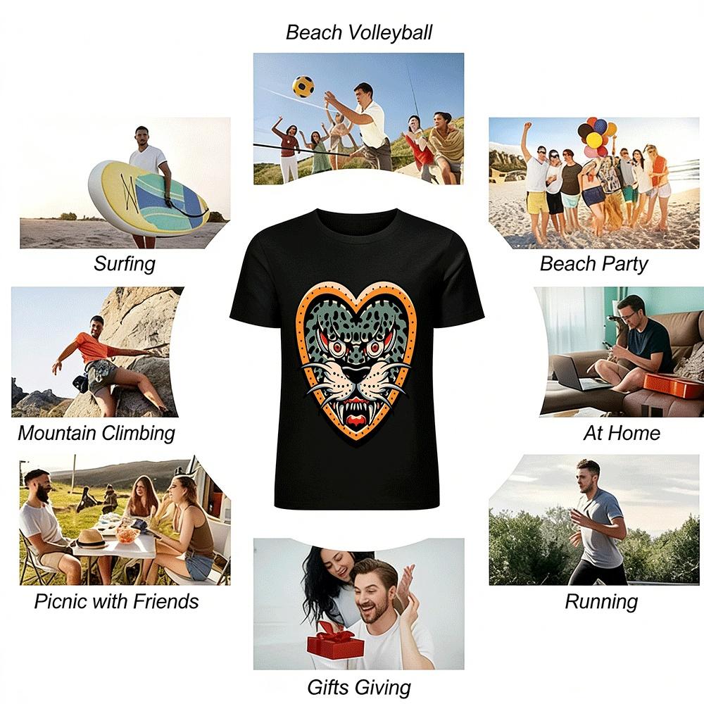 Vintage Leopard Heart Print Cool Street Style Unisex Short Sleeve T-Shirt Pure Cotton T-shirt
