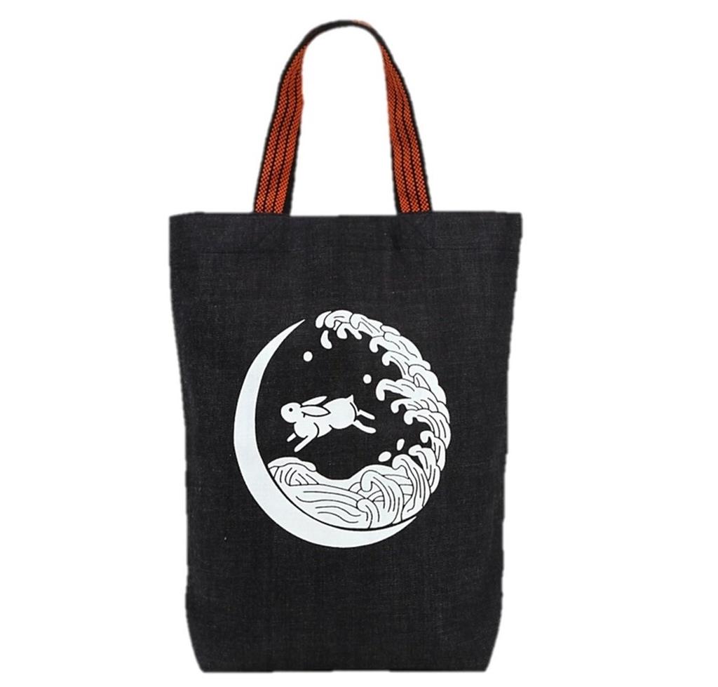 Kurashiki denim tote retro style Japanese vertical made in Japan and Moon bag, pattern, size, (Waves Rabbit)