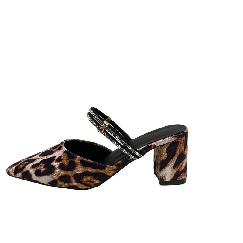 Fashion 2024 Fashion Shoes Female Closed Toe Women's Slippers Autumn Pointed Toe Leopard Print Slingbacks Shallow Chunky Heels Shoes