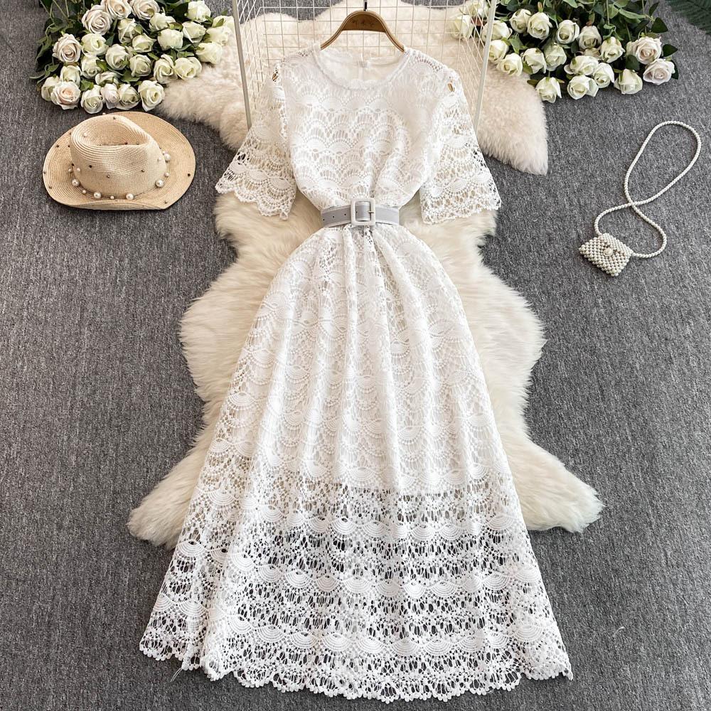 A Mid-length Dress with A Light Luxury Fashionable and Slimming Cutout Water-soluble Lace Design
