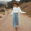 Women's High Waist A-Line Midi Denim Skirt Casual Tiered Patchwork Boho Streetwear