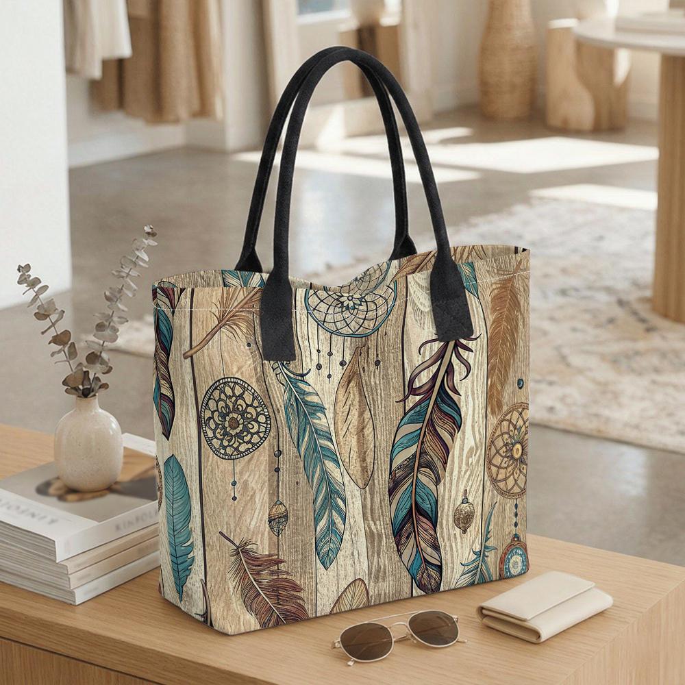  Bohemian Dreamcatcher Feather Large Tote Bag Casual Reusable Daily Shopping Handbag