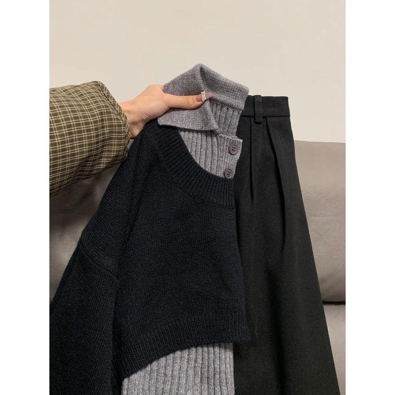 

Polo Black Preppy Style Collar Sweater High Waist Two-Piece Suit Black M [Recommendation 90/52.50kg]]