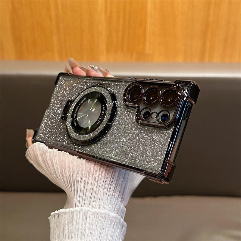 Suitable for Samsung S25 Ultra Flash Powder Magnetic Suction Bracket Mobile Phone Case A56 Electroplated Four Corner Anti Fall NOTE20 Case A36