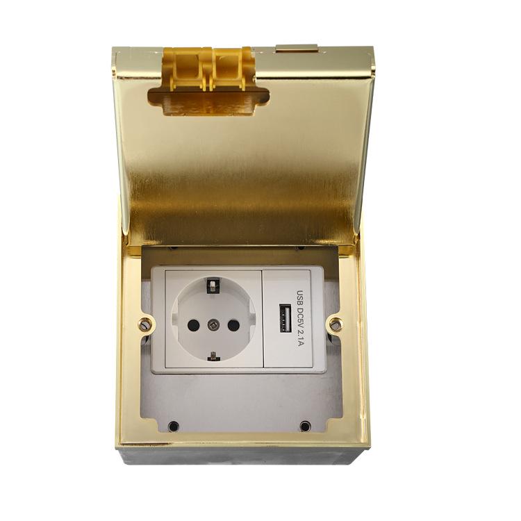 Gold Concealed Euro Floor Socket with USB Charging, Stainless Steel Flush Design