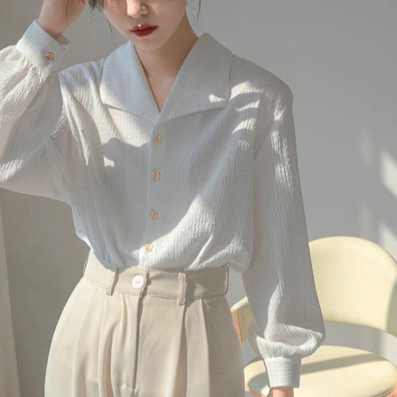 Women's Textured White Shirt - Loose French Style, Spring/Summer 2025