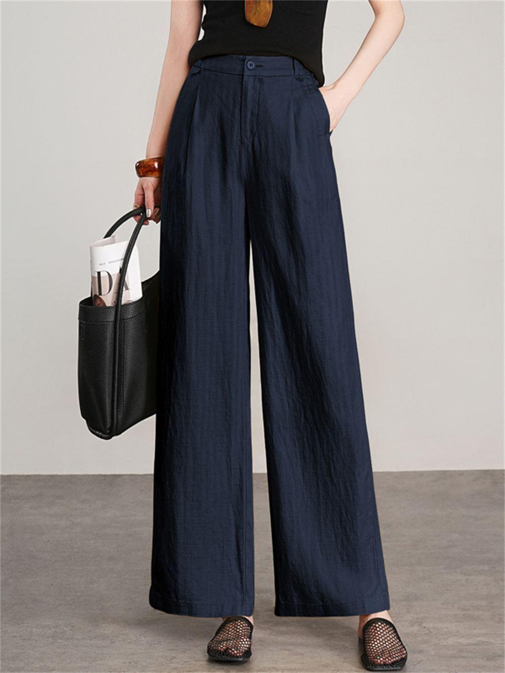 

Dark Blue Wide-Leg High-Waisted Linen-Cotton Casual Trousers for Women - 2025 Season XL 58-63kg