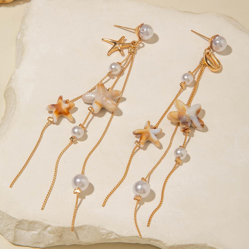 Ocean ins Wind Metal Starfish Jellyfish Earrings, Bohemian Imitation Pearl Fringed Earrings
