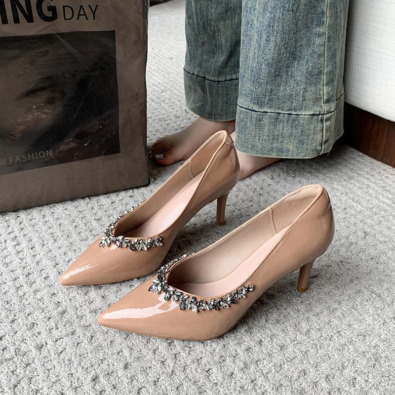 Rhinestone high heels women's 2025 new commuter pointed patent leather shallow mouth Korean version single shoe temperament 3cm stiletto leather shoes